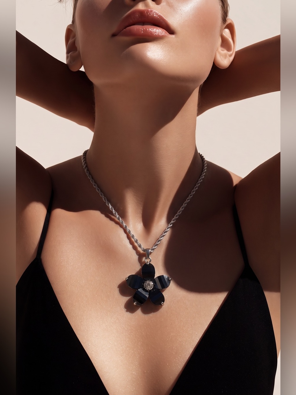 Silver Chain Necklace with Blue Glass Flower Pendant☑️